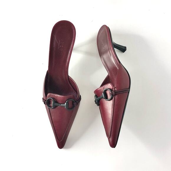 NIB Vintage Gucci Horsebit Wine Leather Pointed Toe Kitten Heel Pumps Mules 8.5 - Picture 2 of 10